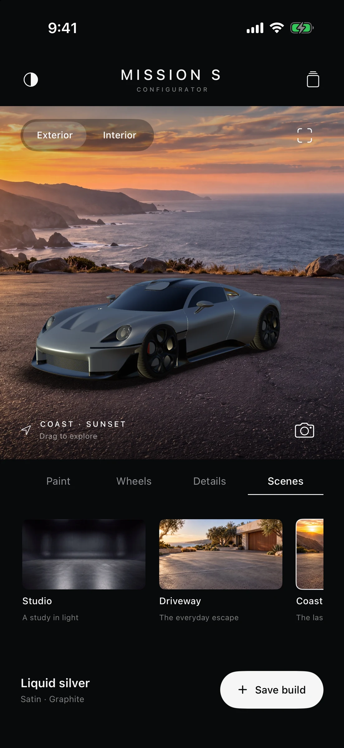 MissionS Configurator iPhone screen with a silver car in the sunset scene and scene selection controls