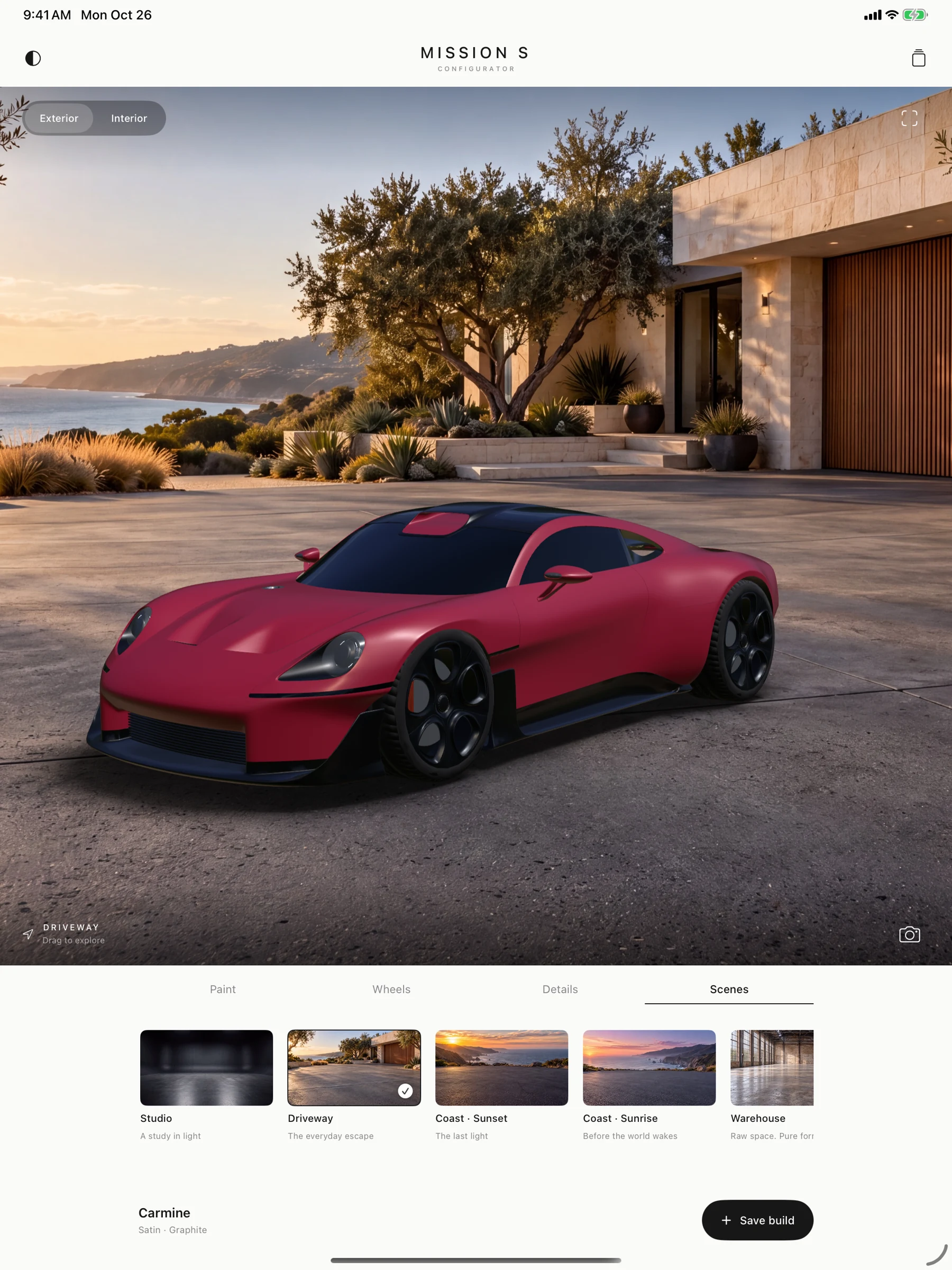 MissionS Configurator in light appearance on iPad with the driveway scene and scene selector