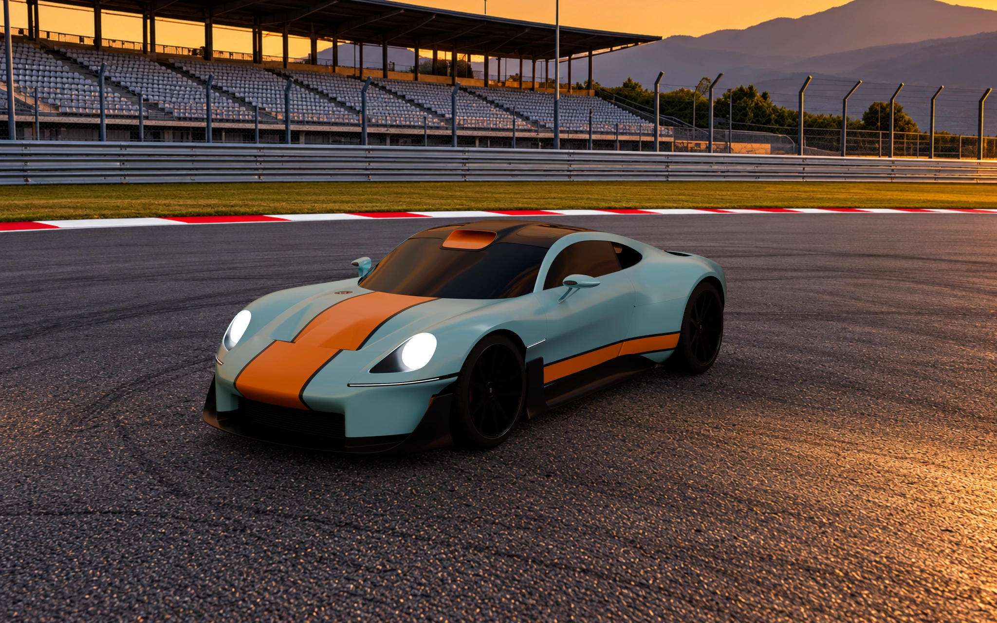 Blue and orange Mission S at the track, illustrating how a livery becomes part of a build