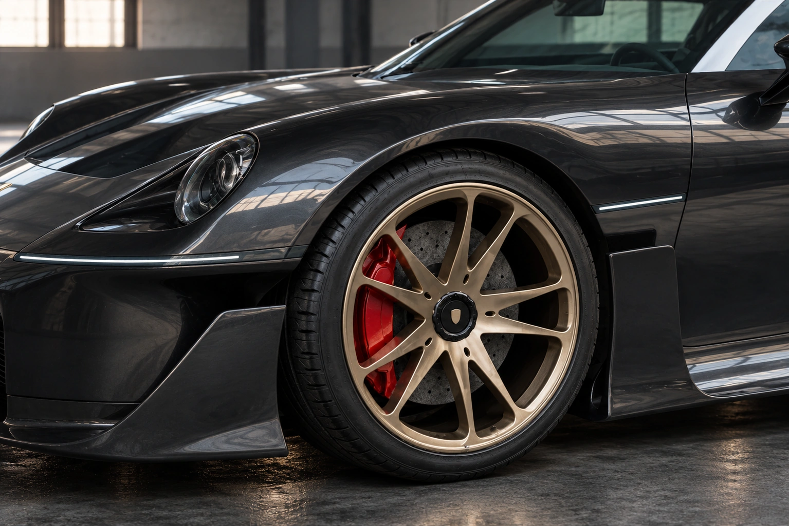 The actual Mission S body and split-spoke champagne wheel, shown in a CAD-based editorial image with enhanced materials and reflections